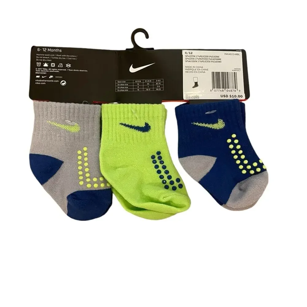 NIKE Set of 3 Pair Boys Infant Crew crawler Socks 6-12 months